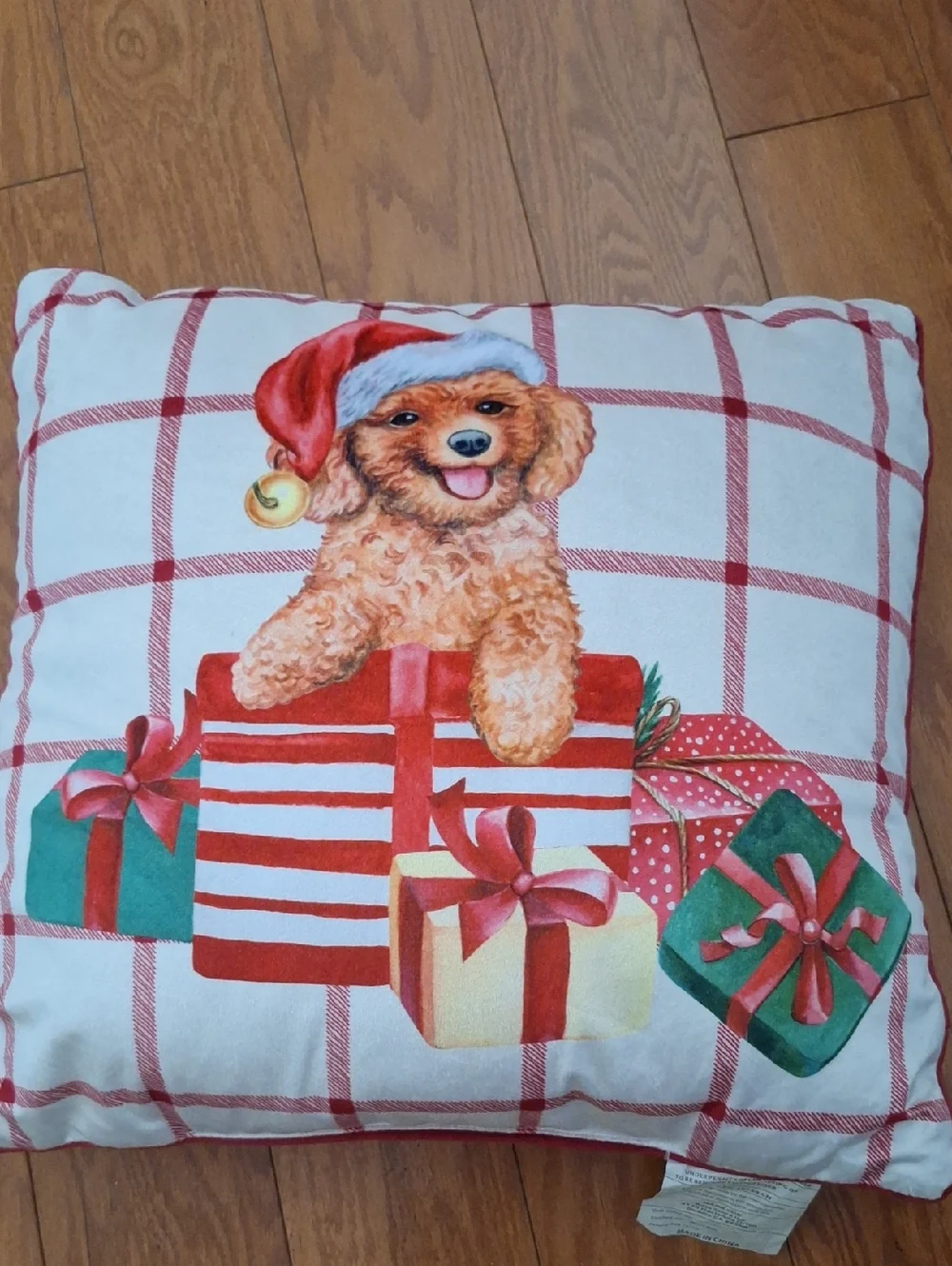 Festive Puppy Holiday Decorative Throw Pillow - Red, Green, Cream